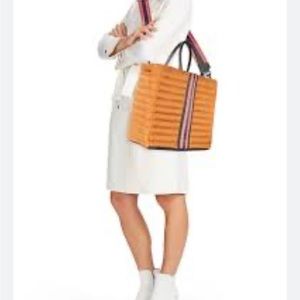 EUC Think Royln Parisian Quilted Tote Bag Orange Zip Pockets Handbag.